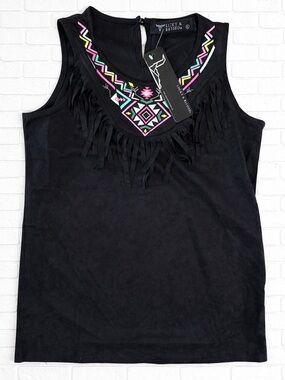 Lucky & Blessed Black Sleeveless Tank with Fringe and Neon Embroidery
